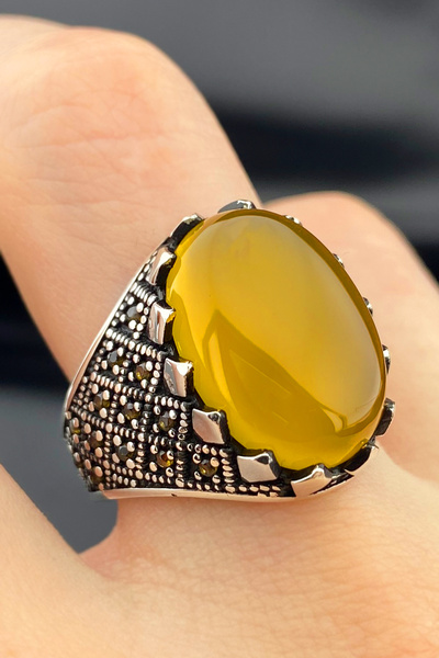 Duende Silver Akik Taşlı Erkek Yüzük,Sarı Akik Taşlı Yüzük,Osmanlı Tarz Erkek Yüzük,925 Ayar Gümüş Yüzük