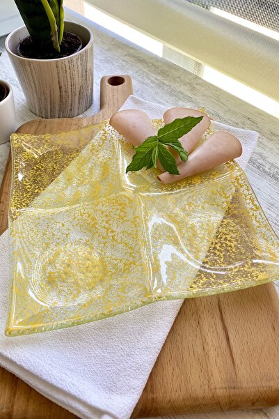 Sunu Divi Sarı Desenli Bölmeli Cam Şarküteri Tabağı - 23 Cm