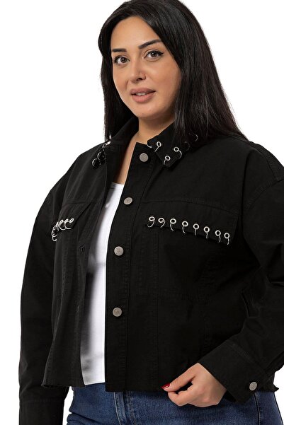 DISENTIS MODEST Large Size Black Jacket with Flap Pocket Skirt and Dirty Stitching Metal Accessories