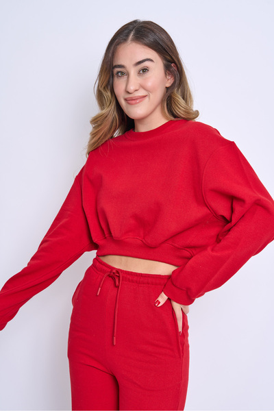 pour la riviere Bisiklet Yaka Şardonlu Dar Kalıp Crop Kadın Eşofman Takımı