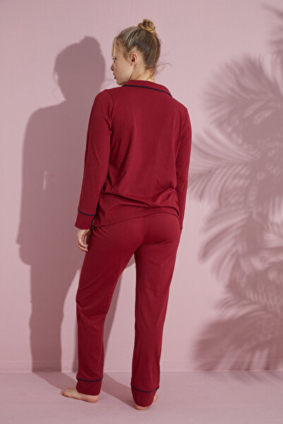 PİJAMOOD Women's Burgundy Long Sleeve Cotton Front Buttoned Piping Pajama Set
