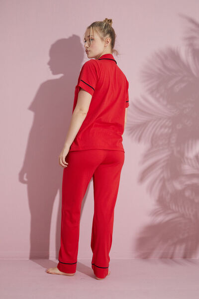 PİJAMOOD Női piros rövid ujjú pamut elöl gombos pizsama szett