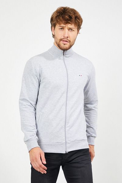 COMEOR Men's Gray Regular Fit Zippered Embroidery Detailed Pocket Cardigan