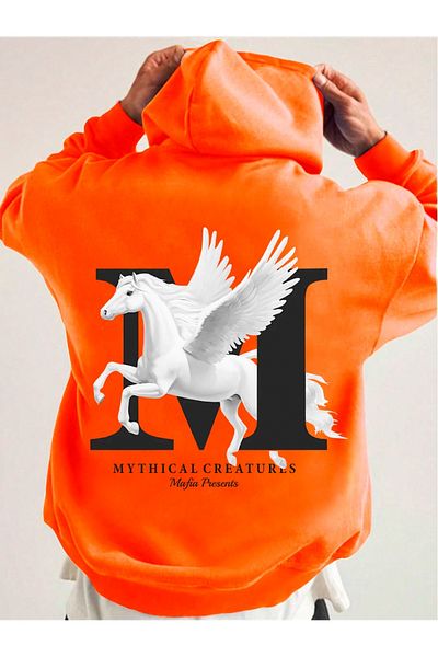 Black Sokak Unisex Oversize Hooded Orange Mythical Printed Sweatshirt