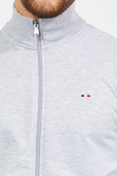 mmetalic Men's Gray Regular Fit Zippered Embroidery Detailed Pocket Cardigan