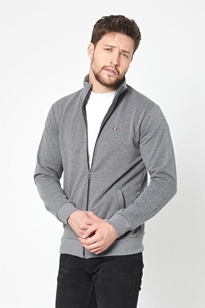 mmetalic Men's Anthracite Regular Fit Zippered Embroidery Detailed Pocket Cardigan