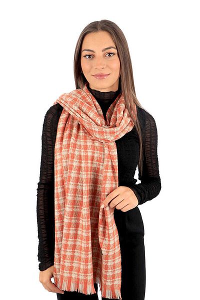 Bursa İpek Orange Cream Plaid Pattern Winter Shawl