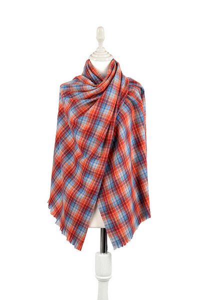 Bursa İpek Blue Burgundy Plaid Pattern Winter Shawl