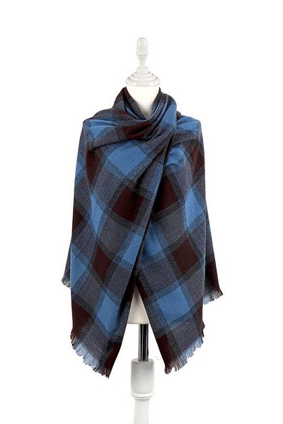 Bursa İpek Indigo Brown Plaid Pattern Winter Shawl