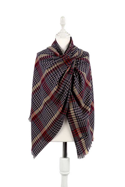 Bursa İpek Brown Red Plaid Pattern Winter Shawl