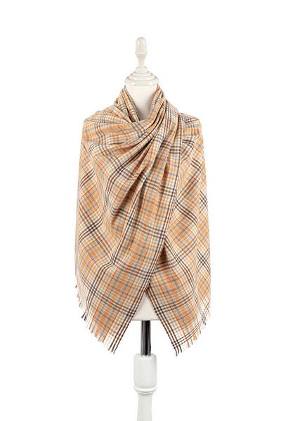 Bursa İpek Gold Cream Plaid Pattern Winter Shawl