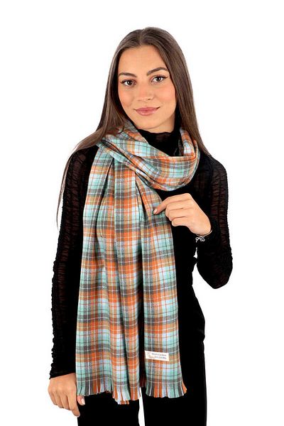 Bursa İpek Green Orange Plaid Pattern Winter Shawl