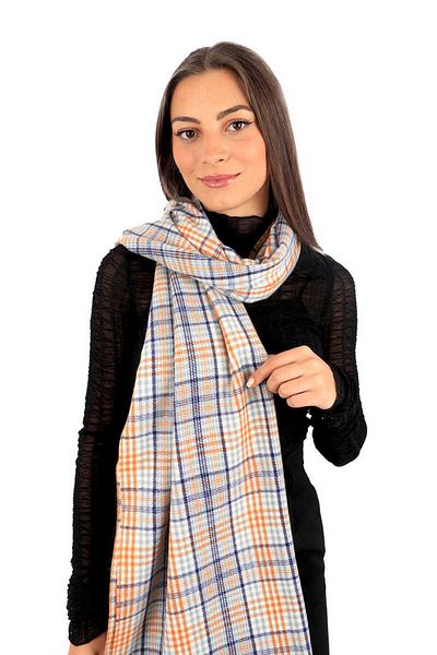 Bursa İpek Gray Navy Blue Plaid Pattern Winter Shawl