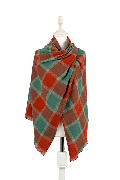 Bursa İpek Cinnamon Green Plaid Pattern Winter Shawl