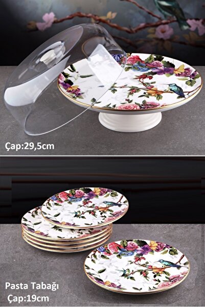 Metler Flora 7 Parça Fanuslu Pasta Kek Sunum Standı Tabağı Takımı Seti