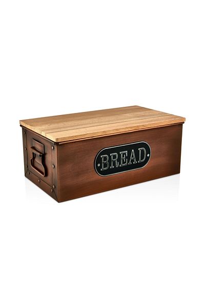 Gerçektrend Galvanized Rectangular Cornered Bread Box with Wooden Lid, Bread Box with Metal Handle