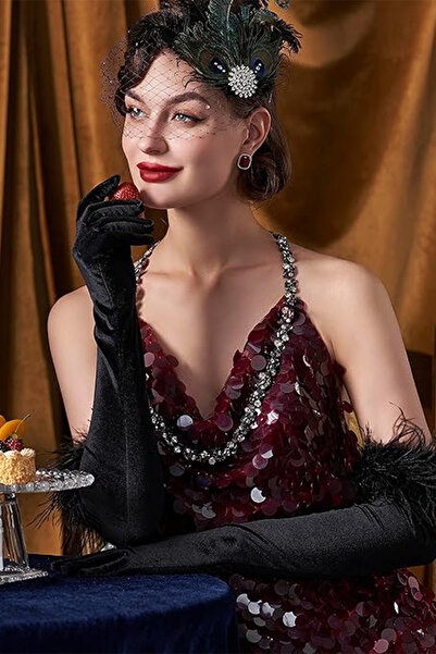 Limelia Tüylü Saten Gelin Eldiveni Uzun Tüylü Nikah Eldiveni Katınlar İçin Tüylü Eldiven Siyah