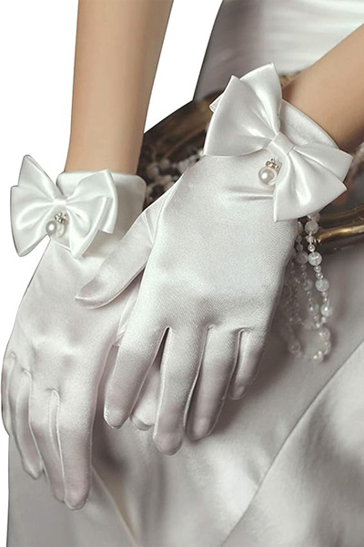 Limelia İncili Gelin Kostüm Eldiveni Gelinler İçin Nikah Eldiveni Kısa Model Saten Eldiven Beyaz