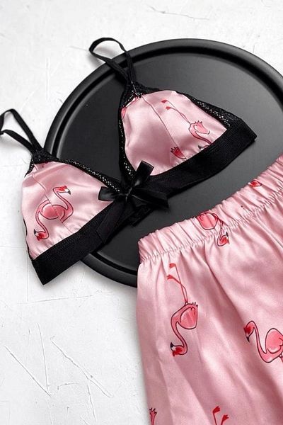 MEBA Women's Rope Strap Lace Bustier Shorts Pink Flamingo Satin Nightgown Set