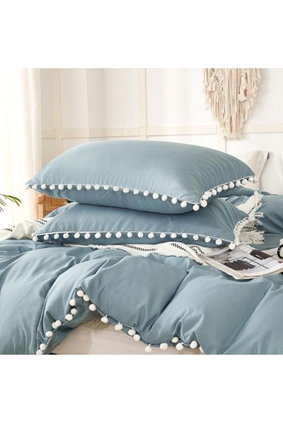 eyma home Set lenjerie de pat cu pompon 100% bumbac 4 piese