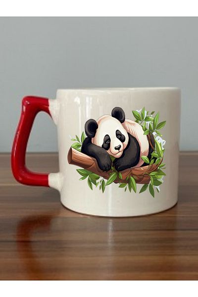 lili hediyelik Red Handled Mug with Panda Sleeping on a Branch Image - Ceramic Tea, Coffee Gift Cup