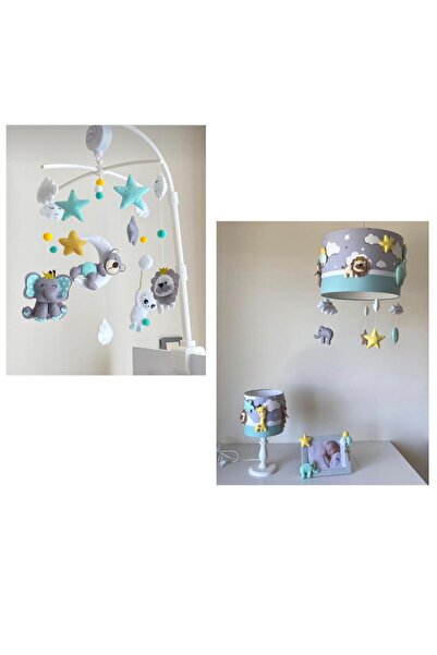 Leobabyroom Gri Bulutlu Mint Karışık Renkli Avize Abajur Çerçeve Dönence Bebe...
