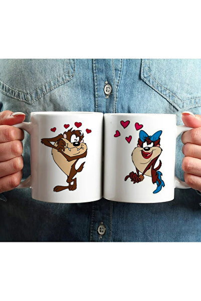 Darkia كوب بورسلين مكون من قطعتين مطبوع عليه رسوم متحركة لعيد الحب وحش تسمانيا