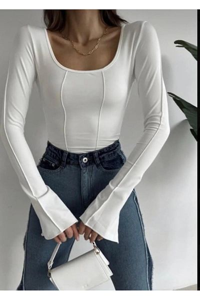 LULU LOOK Kurz geschnittene Bluse mit langen Ärmeln, quadratischem Ausschnitt und Volant-Rücken