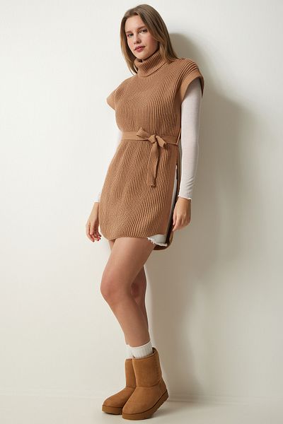 Happiness İstanbul Damski sweter z dzianiny z golfem i paskiem CI00099