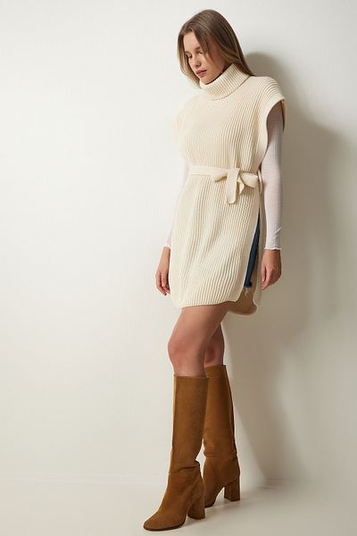 Happiness İstanbul Women's Cream Turtleneck Belted Knitwear Sweater CI00099