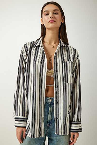 Happiness İstanbul Női krém fekete csíkos Oversize kötött ing SF00007