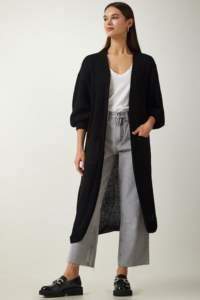 Happiness İstanbul Schwarzer langer Strick-Cardigan mit Ballonärmeln für Damen AS00026