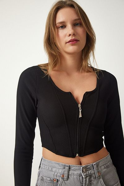 Happiness İstanbul Women's Black Zippered Ribbed Crop Blouse SF00006
