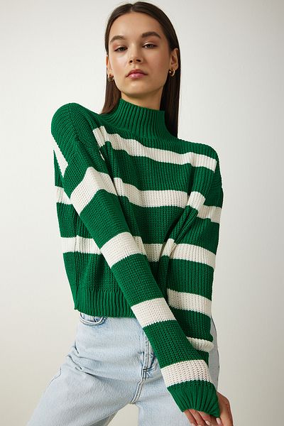Happiness İstanbul Grüner gestreifter Strickpullover mit Stehkragen für Damen ZA00073