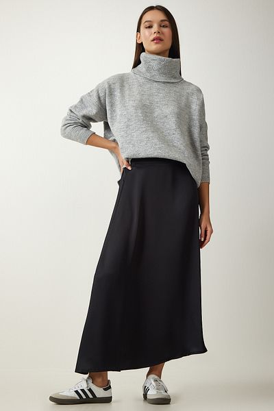 Happiness İstanbul Schwarzer asymmetrisch geformter Satin-Oberflächenrock für Damen UB00218