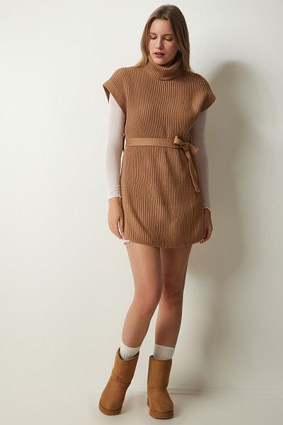 Happiness İstanbul Damski sweter z dzianiny z golfem i paskiem CI00099