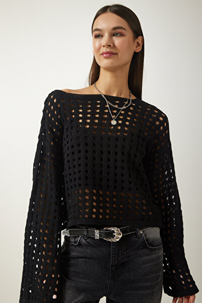 Happiness İstanbul Pulover negru de damă, tricotat cu ajurat, AS00027