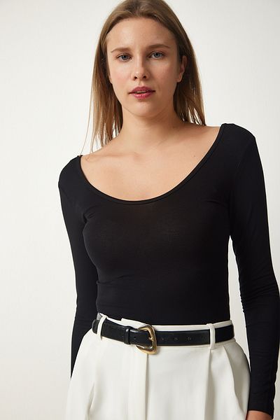 Happiness İstanbul Damenbluse aus Viskose-Strickbluse im Doppelpack in Schwarz und Weiß mit weitem U-Ausschnitt RX00045