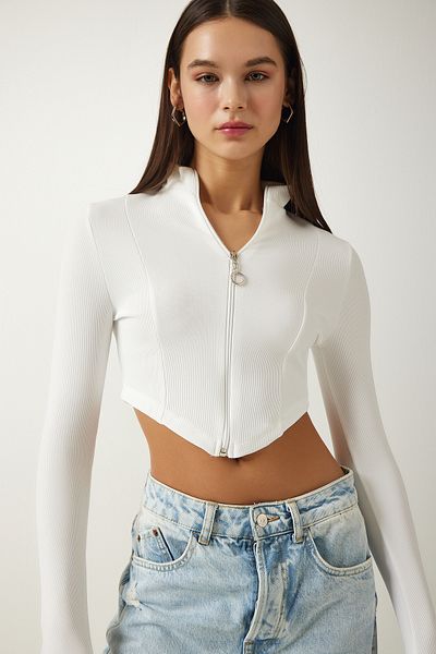 Happiness İstanbul Women's White Zippered Turtleneck Crop Knitted Blouse SF00008