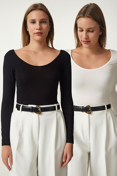 Happiness İstanbul Damenbluse aus Viskose-Strickbluse im Doppelpack in Schwarz und Weiß mit weitem U-Ausschnitt RX00045