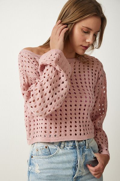 Happiness İstanbul Women's Powder Openwork Crop Knitwear Sweater AS00027
