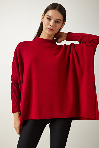 Happiness İstanbul Women's Red Stand-Up Collar Slit Knitwear Poncho Sweater ZA00074
