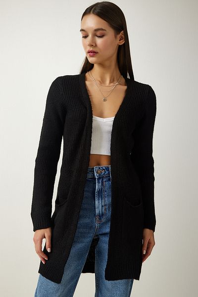 Happiness İstanbul Damen-Strickjacke mit Taschen in Schwarz YG00103