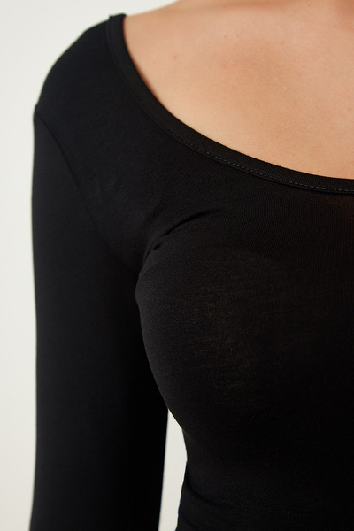 Happiness İstanbul Női fekete-fehér széles U-nyakú dupla csomag viszkóz kötött blúz RX00045