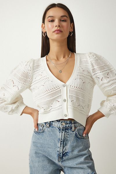 Happiness İstanbul Damen-Cardigan aus ecrufarbenem, stilvollem, geknöpftem, durchbrochenem Strick AH00152