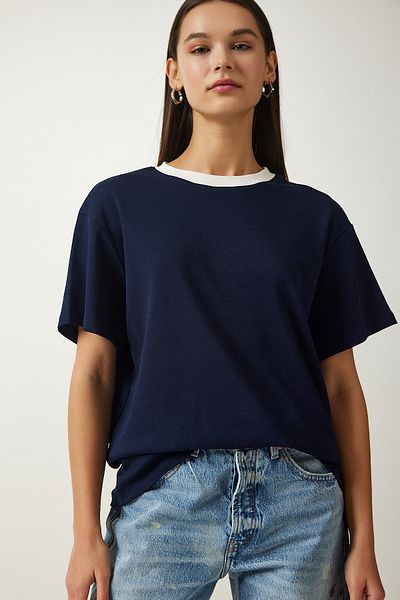 Happiness İstanbul Women's Navy Blue Crew Neck Knitted T-Shirt OW00016