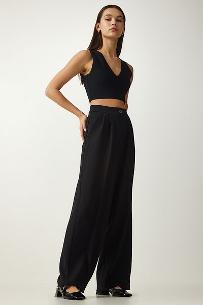 Happiness İstanbul Women's Black Pleated Palazzo Trousers DW00004
