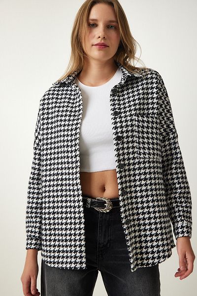 Happiness İstanbul Dámská černobílá košile se vzorem Houndstooth Jacket Jacket DD01287