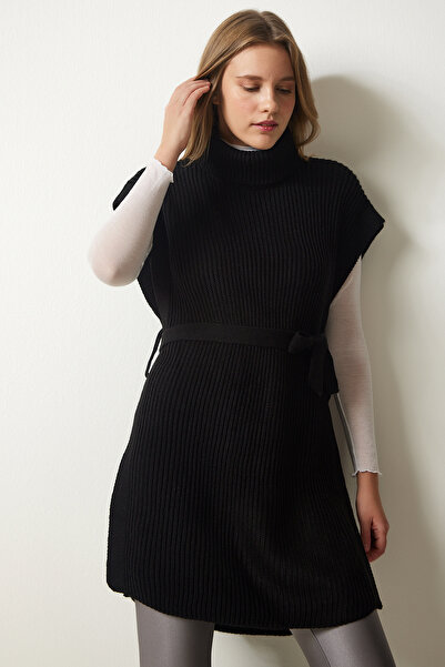 Happiness İstanbul Women's Black Turtleneck Belted Knitwear Sweater CI00099