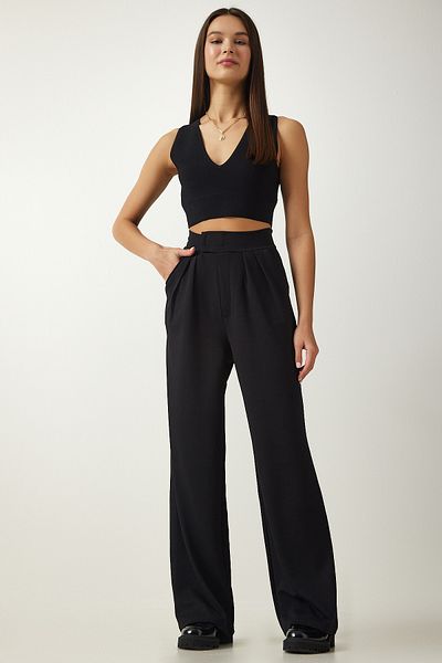 Happiness İstanbul Women's Black Velcro Waist Comfortable Palazzo Pants Lİ00113